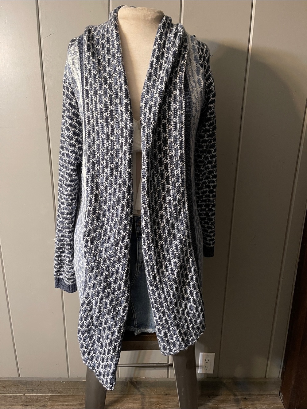 Carolyn Taylor Cardigan Sweater Blue Textured Coastal Artsy Bohemian Cottage